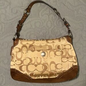 Coach Tan, Brown Monogram with Suede and Leather Turn Lock Handbag Purse